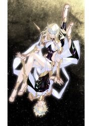 1boy 1girl armlet armor black_leggings black_shirt blonde_hair brother_and_sister castor_(fate) closed_mouth clothing_cutout collar commentary fate/grand_order fate_(series) full_body gold_armor gold_shoes hair_between_eyes high_heel_sandals highres holding_hands interlocked_fingers jewelry leggings looking_at_another looking_down metal_collar narupesoonu parted_lips pillarboxed pollux_(fate) robe rotational_symmetry sandals shirt shoes short_hair short_twintails shoulder_armor siblings side_cutout toes twins twintails upside-down vambraces white_robe