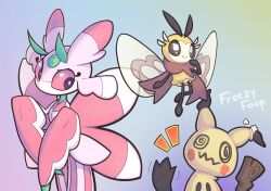 1girl @_@ antennae arthropod_girl arthropod_limbs bee bright_pupils brown_scarf bug colored_skin creatures_(company) eyelashes foopdraws furry furry_female game_freak gen_7_pokemon highres insect insect_wings looking_at_another looking_at_viewer lurantis mantis_girl mimikyu multicolored_background nintendo no_mouth pink_eyes pink_skin pokemon pokemon_(creature) praying_mantis ribombee scarf simple_background standing striped_clothes stuffed_toy upper_body white_pupils white_skin wings