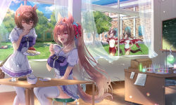 5girls agnes_digital_(umamusume) agnes_tachyon_(umamusume) ahoge alcohol_burner animal_ears antenna_hair beaker bow bowtie box brown_hair buruma cake cake_slice cardboard_box chalkboard chemistry collarbone commentary_request cup curtains daiwa_scarlet_(umamusume) ear_ornament earrings erlenmeyer_flask eyepatch flask food frilled_skirt frills glowing gym_shirt gym_shorts hair_between_eyes hair_bow hair_intakes hair_over_one_eye highres holding holding_plate horse_ears horse_girl horse_tail horseshoe_ornament jacket jacket_on_shoulders jewelry laboratory long_hair math messy_hair multicolored_hair multiple_girls pink_hair plate pleated_skirt poco. puffy_short_sleeves puffy_sleeves purple_bow purple_bowtie purple_shirt red_buruma red_eyes red_shorts retort_stand round-bottom_flask sailor_collar sailor_shirt saucer school_uniform shirt short_hair short_sleeves shorts single_earring sitting skirt streaked_hair sugar_cube summer_uniform tail tanino_gimlet_(umamusume) teacup teapot teaspoon test_tube test_tube_rack thighhighs tiara tracen_academy tracen_school_uniform track_jacket tree two-tone_hair umamusume very_long_hair vodka_(umamusume) when_you_see_it white_hair white_sailor_collar white_shirt white_skirt white_thighhighs zettai_ryouiki