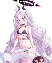1girl ahoge alternate_costume bare_arms bare_shoulders bikini black_bikini blue_archive blush breasts choker closed_mouth collarbone cowboy_shot hair_ornament hairclip halo highres hina_(blue_archive) innertube long_hair looking_at_viewer multi-strapped_bikini navel o-ring o-ring_bikini o-ring_top parted_bangs pn_(wnsl216) purple_eyes simple_background small_breasts solo string_bikini sweatdrop swim_ring swimsuit very_long_hair white_background