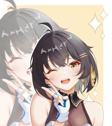 1girl absurdres bare_shoulders black_hair border bu_weizhuang chinese_commentary colored_inner_hair commentary_request earrings female_rover_(wuthering_waves) fingerless_gloves gloves hair_ribbon highres jewelry looking_at_viewer multicolored_hair one_eye_closed open_mouth ribbon rover_(wuthering_waves) smile solo triangle_earrings v white_border white_gloves wuthering_waves yellow_background yellow_eyes yellow_ribbon zoom_layer