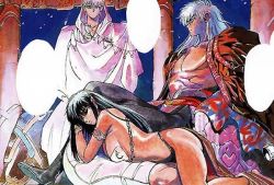 1girl 2boys arshes_nei bastard!! bikini cloak cushion dark-skinned_female dark_schneider dark_skin hagiwara_kazushi kall_su lowres multiple_boys palace robe sleeping swimsuit