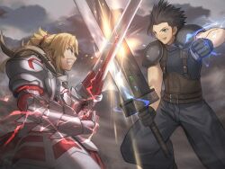 1boy 1girl aqua_eyes armor belt belt_buckle black_gloves black_hair black_pants blonde_hair brown_belt buckle buster_sword clarent_(fate) cloud cloudy_sky commentary_request crisis_core_final_fantasy_vii cross_scar crossover facial_scar fate/apocrypha fate/grand_order fate_(series) final_fantasy final_fantasy_vii gauntlets gloves green_eyes grin holding holding_sword holding_weapon mordred_(fate) mordred_(fate/apocrypha) outdoors pants pauldrons ponytail scar scar_on_cheek scar_on_face shoori_(migiha) short_hair shoulder_armor sky sleeveless smile sword sword_clash takeuchi_takashi_(style) weapon zack_fair