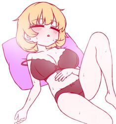 1girl aki_minoriko black_bra black_panties blonde_hair blush bow bow_panties bra breasts cleavage closed_eyes commentary foot_out_of_frame ketsumaimo large_breasts navel open_mouth panties pillow short_hair simple_background sleeping solo strap_slip sweat touhou underwear underwear_only white_background