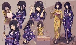 Rule 34 | 2girls, animal ears, bag, black hair, blue kimono, blush, brown eyes, brown hair, cat ears, closed eyes, closed mouth, commentary, cotton candy, eating, fake animal ears, festival, fish, floral print, flower, food, geta, goldfish, hair flower, hair ornament, hand up, hands up, hibike! euphonium, highres, holding, holding food, japanese clothes, kimono, kousaka reina, lie lack1080, long hair, long sleeves, medium hair, multiple girls, multiple views, obi, open mouth, oumae kumiko, print kimono, purple eyes, purple kimono, sandals, sash, smile, squatting, standing, summer festival, translated, wide sleeves, yellow kimono, yukata, yuri, zouri
