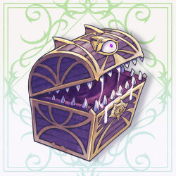 animate_object full_body gal_guardians gal_gun_(series) highres mimic mimic_(gal_gun) mimic_chest no_humans official_art one-eyed open_mouth purple_eyes saliva sharp_teeth simple_background solo teeth