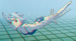 Rule 34 | 1girl, :t, absurdres, anaglyph, ayanami rei, barefoot, blue hair, blue one-piece swimsuit, breasts, bubble, female focus, flat chest, foreshortening, from side, highres, holding breath, neon genesis evangelion, one-piece swimsuit, outstretched arms, pale skin, pool, red eyes, scan, short hair, small breasts, solo, spread arms, swimming, swimsuit, tsurumaki kazuya, underwater