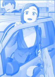 1boy 1girl against_glass blazer blue_theme breast_press breasts breasts_on_glass car commentary commentary_request faceless faceless_male flying_sweatdrops getsuyoubi_no_tawawa highres himura_kiseki jacket kouhai-chan_(tawawa) large_breasts mole mole_under_eye motor_vehicle office_lady senpai_(tawawa) short_hair skirt surprised swept_bangs