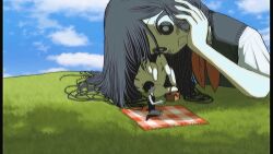 1boy 1girl alternate_eye_color alternate_hair_color antenna_hair black_eyes black_hair black_socks black_sweater_vest black_tank_top bliss_(image) blue_sky blush bright_pupils checkered_blanket cloud collared_shirt colored_skin day grass highres holding_picnic_basket looking_at_another mari_(headspace)_(omori) mari_(omori) neckerchief omori_(omori) open_mouth outdoors picnic_basket red_neckerchief seiza shirt short_hair short_sleeves shorts sitting sky smile socks striped_clothes striped_shorts sweater_vest tank_top tate_ware_anal vertical-striped_clothes vertical-striped_shorts white_pupils white_shirt white_shorts white_skin