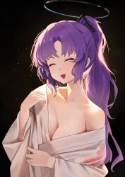 1girl absurdres alternate_costume black_background black_halo blue_archive breasts cleavage closed_eyes hair_ornament halo highres jaihu japanese_clothes kimono mechanical_halo off_shoulder ponytail purple_hair smile solo triangle_hair_ornament upper_body white_kimono yuuka_(blue_archive)