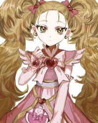 1girl bow brown_eyes closed_mouth dress earrings forehead futari_wa_precure futari_wa_precure_max_heart glint heart highres jewelry long_hair looking_at_viewer magical_girl pink_dress precure shiny_luminous solo twintails very_long_hair white_background yadu_nadu