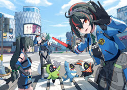 1boy 2girls android animal_ears avocaboo_(zenless_zone_zero) bandana bandana_around_neck bangboo_(zenless_zone_zero) black_gloves black_hair blue_jacket braid braided_sidelock building cat_boy cat_ears checkered_necktie city crosswalk elbow_gloves eous_(zenless_zone_zero) fingerless_gloves fins fish_tail gloves green_eyes hair_between_eyes hairband highres holding intersection jacket long_hair looking_at_viewer metal_hairband multicolored_hair multiple_girls necktie open_mouth oramustat orange_bandana outdoors police police_badge police_uniform policeman policewoman ponytail qingyi_(zenless_zone_zero) red_eyes red_hair red_streaks road seth_lowell shark_tail sharkboo_(zenless_zone_zero) short_hair shorts side_braids sidelocks smile sphere_hair_ornament streaked_hair street tail twintails white_hair zenless_zone_zero zhu_yuan