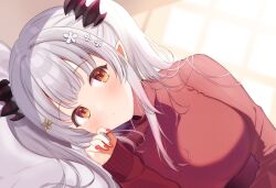 1girl blush breasts brown_eyes daysss flower hair_flower hair_ornament highres indie_virtual_youtuber large_breasts long_hair long_sleeves looking_at_viewer lying nail_polish on_side sleeves_past_wrists solo suou_patra twintails virtual_youtuber white_hair
