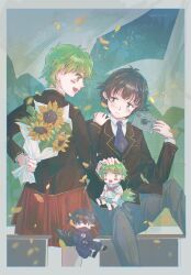 Rule 34 | 1boy, 1girl, absurdres, baka to test to shoukanjuu, blazer, blue necktie, camera, flower, gensou getsumen rt, hand on another&#039;s shoulder, highres, holding, holding camera, holding flower, imminent confession, jacket, kudou aiko, long hair, necktie, school uniform, sunflower, tsuchiya kouta