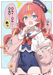 1girl ^^^ blonde_hair blue_eyes blue_one-piece_swimsuit blush commentary_request covered_navel hat highres indie_virtual_youtuber jacket looking_at_viewer mei_(vtuber) multicolored_hair one-piece_swimsuit open_mouth pink_jacket red_hair sailor_collar school_uniform serafuku solo speech_bubble streaked_hair swimsuit swimsuit_under_clothes totomono translation_request virtual_youtuber white_sailor_collar