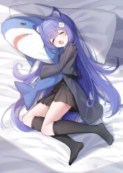 1girl animal_ear_fluff animal_ears black_coat black_skirt black_socks blue_hair cat_ears closed_eyes coat commentary cross_hair_ornament fang hair_ornament head_on_pillow highres hugging_doll hugging_object kneehighs long_hair lying on_bed on_side open_mouth original pillow skirt sleeping socks solo stuffed_animal stuffed_shark stuffed_toy very_long_hair wlswlp
