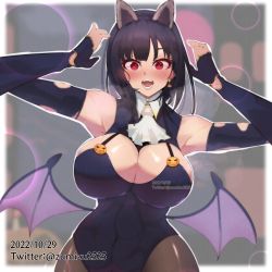 1girl absurdres alternate_costume animal_ears ascot bat_ears bat_wings black_gloves black_hair black_leotard black_pantyhose breasts earrings elbow_gloves fake_animal_ears fake_wings fangs fingerless_gloves gloves halloween_costume heart heart-shaped_pupils highres jewelry kantai_collection large_breasts leotard low_wings open_mouth pantyhose red_eyes short_hair solo symbol-shaped_pupils takao_(kancolle) white_ascot wings zumizu