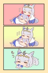 2girls 3koma ahoge animal_ears blue_hairband blue_pants blue_shorts blush_stickers cannibalism comic commentary ear_covers gomashio_(goma_feet) gradient_background green_background grey_hair hair_ornament hairband headband highres horse_ears horse_girl horse_tail multicolored_hair multiple_girls oguri_cap_(umamusume) pants pink_background red_headband shirt shorts silent_comic sleepwalking sleepy sound_effects tail tamamo_cross_(umamusume) translated umamusume vore white_hair white_shirt yellow_background yellow_headband