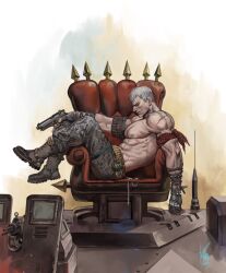 1boy abs absurdres bandana_around_arm bara bryan_fury chair cheekbones closed_eyes fingerless_gloves gloves grey_hair gun highres holding holding_gun holding_weapon male_focus mature_male muscular muscular_male nipples pants profile scar short_hair sitting smile solo tekken tekken_8 topless_male weapon white_hair yi_lee