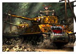 4girls alisa_(girls_und_panzer) brown_jacket caterpillar_tracks commentary_request emblem forest girls_und_panzer helmet helmet-chan_(girls_und_panzer) highres jacket m4_sherman m4a3e8 military_vehicle motor_vehicle multiple_girls nature saunders_(emblem) saunders_military_uniform short_twintails tank tank_helmet tanker_jacket timmyyen twintails utility_pole