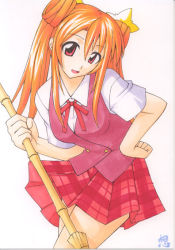 00s broom mahou_sensei_negima! mikagami_sou plaid_clothes plaid_skirt sakura_mei school_uniform serafuku skirt solo
