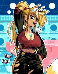 1girl animal_ear_fluff animal_ears arm_behind_back belt blonde_hair breasts cat_ears cat_tail cleavage cowboy_shot fang gnyash highres jewelry long_hair looking_at_viewer navel necklace open_mouth original pixel_art ponytail pxlfrug solo sweatdrop tail