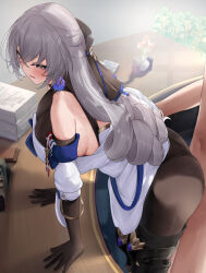 1boy 1girl ass bare_shoulders blue_ribbon blush boots breasts bronya_rand brown_gloves brown_pantyhose clothed_female_nude_male clothed_sex crossed_bangs desk detached_sleeves dress drill_hair earrings elbow_gloves gloves grey_eyes grey_hair hair_between_eyes hetero highres honkai:_star_rail honkai_(series) jewelry large_breasts long_hair n9at nude open_mouth pantyhose paper_stack ribbon sex sex_from_behind thigh_boots thighs white_dress