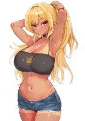 1girl absurdres armpits arms_up bandeau bare_shoulders bikini_tan black_bandeau black_choker blonde_hair bracelet breasts brown_hair choker cleavage closed_mouth collarbone commentary_request commission cowboy_shot cutoffs denim denim_shorts exposed_pocket frown groin hair_between_eyes hair_intakes highres jewelry kunimoto_rikuya large_breasts long_hair looking_at_viewer midriff mole mole_under_eye navel navel_piercing original piercing ponytail short_shorts shorts sidelocks simple_background skeb_commission skindentation solo standing tan tanline white_background
