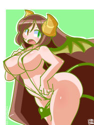 1girl alternate_breast_size alternate_costume between_legs blush breasts brown_hair commentary_request cowboy_shot demon_girl demon_tail demon_wings green_eyes green_slingshot_swimsuit green_wings heterochromia highres itini-sanshi large_breasts long_hair looking_at_viewer open_mouth red_eyes rozen_maiden slingshot_swimsuit solo suiseiseki swimsuit tail tail_between_legs two-tone_background very_long_hair wings
