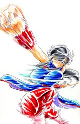 Rule 34 | 1girl, absurdres, area5169458561, black hair, blush, breasts, chi-chi (dragon ball), chinese clothes, dragon ball, dress, fighting, highres, large breasts, motion lines, pants, ponytail, punching, sitting, traditional media, wristband