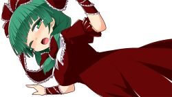 1girl arm_ribbon bad_source blunt_bangs bow breasts dress dutch_angle front_ponytail green_eyes green_hair hemogurobin_a1c kagiyama_hina looking_at_viewer one_eye_closed open_mouth red_bow red_dress red_ribbon ribbon solo touhou