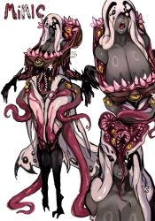 Rule 34 | 1girl, black hair, breasts, cape, character name, cleavage, colored skin, english text, extra eyes, extra mouth, grey skin, highres, large breasts, mimic, mimic chest, multicolored hair, original, sfour s4, sharp teeth, simple background, solo, teeth, tentacles, tongue, tongue out, treasure chest, two-tone hair, white background, white hair