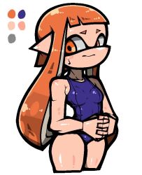 1girl 3: bare_arms bare_shoulders blue_one-piece_swimsuit breasts closed_mouth color_guide cowboy_shot cropped_legs inkling inkling_girl inkling_player_character interlocked_fingers long_hair name_omoitukan2 nintendo one-piece_swimsuit orange_eyes orange_hair pointy_ears shiny_skin simple_background small_breasts solo splatoon_(series) swimsuit tentacle_hair thick_lineart white_background