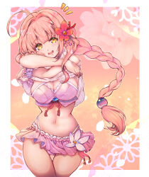 1girl ahoge ayukawa_koto braid breasts cleavage clothes_lift flower hair_ornament hase_nanase highres iris_mysteria! large_breasts long_hair looking_at_viewer navel notice_lines open_mouth petals pink_hair smile swimsuit thighs yellow_eyes