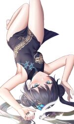 1girl absurdres armpits arms_up bare_arms bare_legs bare_shoulders barefoot bed_sheet black_dress black_hair black_nails blue_archive blush breasts butterfly_hair_ornament china_dress chinese_clothes commentary double_bun dragon_print dress green_eyes hair_bun hair_ornament halo highres jyu-so kisaki_(blue_archive) knees_up legs long_hair looking_at_viewer looking_up lying nail_polish on_back on_bed parted_lips shadow simple_background sleeveless sleeveless_dress small_breasts solo thighs toes upside-down white_background