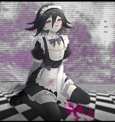 1boy alternate_costume apron arm_between_legs arm_support black_dress black_hair black_thighhighs blood blood_on_clothes blood_on_face blood_stain blush bow buttons danganronpa_(series) danganronpa_v3:_killing_harmony detached_sleeves dress english_text enmaided flipped_hair frilled_apron frills hair_between_eyes half-closed_eyes hashtag-only_commentary kneeling looking_at_viewer maid maid_headdress male_focus mary_janes medium_hair muted_color oma_kokichi on_floor pale_skin pectoral_cleavage pectorals pink_blood pixelated puffy_short_sleeves puffy_sleeves purple_bow purple_eyes purple_ribbon ribbon samedosama666 shiny_clothes shiny_skin shoes short_dress short_hair short_sleeves smile solo thighhighs thighs tile_floor tiles trap twitter_username waist_apron zettai_ryouiki