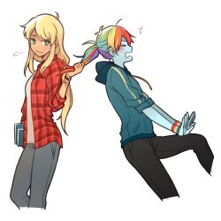 &gt;_&lt; 2girls ahoge amused applejack applejack_(equestria_girls) aqua_jacket blonde_hair blue_skin blush book bright_pupils brown_sleeves closed_eyes closed_mouth colored_skin commentary cropped_legs dcon_34 freckles grabbing_another&#039;s_hair green_eyes grey_pants grey_shirt holding holding_book hood hooded_jacket jacket light_smile long_hair long_sleeves multicolored_hair multicolored_wristband multiple_girls my_little_pony my_little_pony:_equestria_girls my_little_pony:_friendship_is_magic open_clothes open_mouth open_shirt pants parted_bangs plaid_clothes plaid_shirt ponytail rainbow_dash rainbow_dash_(equestria_girls) rainbow_hair red_shirt shirt simple_background sleeves_rolled_up watch wavy_mouth white_background white_pupils wristband wristwatch