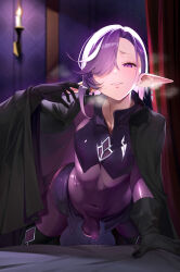 1boy aka_syakkou black_gloves bodysuit bulge cape covered_navel earrings erection erection_under_clothes gloves hair_over_one_eye highres jewelry mole mole_under_eye on_bed original penis pointy_ears precum purple_bodysuit purple_eyes purple_hair swept_bangs testicles trap