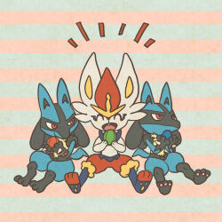 Rule 34 | cinderace, closed eyes, commentary request, food, gen 4 pokemon, gen 8 pokemon, holding, holding food, lucario, mega stone, mojacookie, nintendo, official art, open mouth, pokemon, pokemon (anime), pokemon (creature), pokemon focus, pokemon journeys, red eyes, second-party source, sitting, smile, striped background
