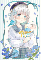 1girl :q animal animal_on_shoulder beret between_fingers bird bird_hair_ornament bird_on_shoulder black_hat blue_bird blue_bow blue_eyes blue_flower blue_hair blue_nails blue_skirt blunt_bangs blush bow braid budgerigar_(bird) closed_mouth colored_inner_hair commentary cowboy_shot dot_nose fingernails flower flower_ring food frilled_shirt frilled_shirt_collar frills hair_bow hair_ornament hand_up hat hat_flower highres holding holding_food holding_ice_cream holding_ice_cream_cone holding_spoon ice_cream ice_cream_cone inset_border long_sleeves looking_at_viewer multicolored_hair nail_polish original plaid_clothes plaid_skirt pleated_skirt puffy_long_sleeves puffy_sleeves ribbon ribbon_border shirt short_hair side_braid skirt sleeve_bow smile solo spoon standing streaked_hair striped_background tententuyu tongue tongue_out white_hair white_shirt wing_hair_ornament yellow_ribbon yellow_trim