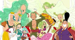 1boy 6+girls blush_stickers boa_sandersonia camie_(one_piece) cape cesel chimney_(one_piece) crossed_arms earrings epaulettes green_hair green_kimono haramaki hat headscarf highres japanese_clothes jewelry kimono kokoro_(one_piece) long_hair makino_(one_piece) mermaid monet_(one_piece) monocle monster_girl multiple_girls one_eye_closed one_piece purple_vest roronoa_zoro scar scar_across_eye scar_on_face sidelocks skirt smile stitched_torso stitches sugar_(one_piece) twintails twitter_username v-shaped_eyebrows vest wavy_hair white_cape wings yellow_skirt