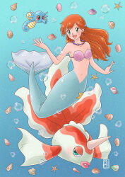 1girl bikini blue_tail breasts earrings gen_1_pokemon goldeen green_eyes hair_ornament highres horsea jewelry long_hair looking_at_viewer mermaid mermaid_costume mermaid_misty_(pokemon) misty_(pokemon) monster_girl necklace nintendo orange_hair pokemon pokemon_(anime) pokemon_(classic_anime) seashell shell shell_bikini small_breasts swimsuit underwater water