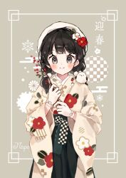 1girl abstract_background absurdres animal animal_on_shoulder artist_name beret bird bird_on_shoulder black_eyes black_hair black_hakama blush border bow brown_background brown_kimono checkered_bow checkered_clothes choppy_bangs closed_mouth commentary_request cowboy_shot dot_nose floral_print floral_print_kimono flower frilled_wristband hair_flower hair_ornament hair_over_shoulder hakama hat highres holding holding_plant ibispaint_(medium) japanese_clothes kimono long-tailed_tit long_hair long_sleeves looking_at_viewer napo_(napo_illust) original plant print_kimono red_flower smile snowflake_print solo sparkle split_mouth square standing straight-on tit_(bird) variant_set white_flower wide_sleeves wrist_bow wristband