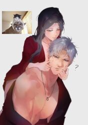 1boy 1girl ? bare_pectorals bare_shoulders blush brown_hair closed_mouth collarbone couple eyelashes green_eyes hetero highres jewelry lips long_hair looking_at_another looking_at_viewer love_and_deepspace necklace ng_ai0 parted_bangs pectorals photo_inset protagonist_(love_and_deepspace) red_eyes smile sylus_(love_and_deepspace) white_background white_hair