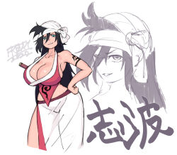 Rule 34 | 1girl, aqua eyes, arm tattoo, bandaged head, bandages, bleach, breasts, cleavage, cropped legs, freddyhalloween, green eyes, highres, huge breasts, long hair, messy hair, parted lips, shiba kuukaku, simple background, smile, solo, tattoo, very long hair, white background, wide hips