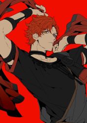 Rule 34 | 1boy, arm above head, armband, arms up, black armband, closed mouth, collarbone, crew neck, dancer (fire emblem: three houses), dutch angle, fire emblem, fire emblem: three houses, highres, holding, looking to the side, male focus, mizuno (iori-amu), nintendo, official alternate costume, orange eyes, parted hair, red hair, red trim, robe, short hair, short sleeves, sideways glance, solo, sylvain jose gautier