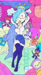 1girl blue_hair cat clown dolphin full_body fumo_(doll) glasses hair_over_eyes hakurei_reimu hand_in_own_hair handheld_game_console highres lying manga_(object) nintendo_3ds no_shoes office_lady on_bed one_eye_covered orange_eyes original pillow shirt solo stuffed_animal stuffed_toy sun teddy_bear thighhighs travis_touchdown white_shirt yellow_eyes yungbird