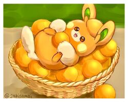 artist_name border food fruit lying nintendo no_humans on_back orange_(fruit) orange_fur outside_border pawmi pokemon pokemon_(creature) sakisamoi solo white_border