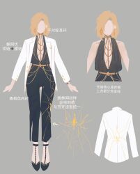 1girl a-pose absurdres alternate_costume black_footwear black_pants black_shirt blonde_hair breasts breasts_apart chinese_commentary chinese_text commentary_request concept_art curtained_hair doo58455 earrings faceless gold_belt gold_earrings grey_background halter_shirt halterneck highres jacket jewelry langley_(path_to_nowhere) lapel_pin low-cut medium_hair mismatched_earrings multiple_girls no_bra open_clothes open_jacket pants path_to_nowhere print_jacket print_pants shirt simple_background simplified_chinese_text spider_web_print suit_jacket swept_bangs translated watch white_jacket wristwatch