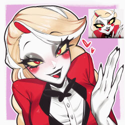 1girl 2025 absurdres alternate_breast_size black_bow black_bowtie black_eyeshadow black_lips black_nails blonde_hair blush bow bowtie breasts charlie_morningstar colored_inner_hair colored_skin commentary demon_girl english_commentary eyeshadow fangs female_focus formal_clothes half-closed_eyes hazbin_hotel heart highres large_breasts long_hair looking_at_viewer low-braided_long_hair low-tied_long_hair low_ponytail makeup multicolored_hair open_hand open_mouth orouu outside_border pink_background ponytail red_eyes red_suit reference_inset seductive_smile shirt simple_background smile streaked_hair suit swept_bangs teeth undershirt upper_body upper_teeth_only white_hair white_shirt white_skin